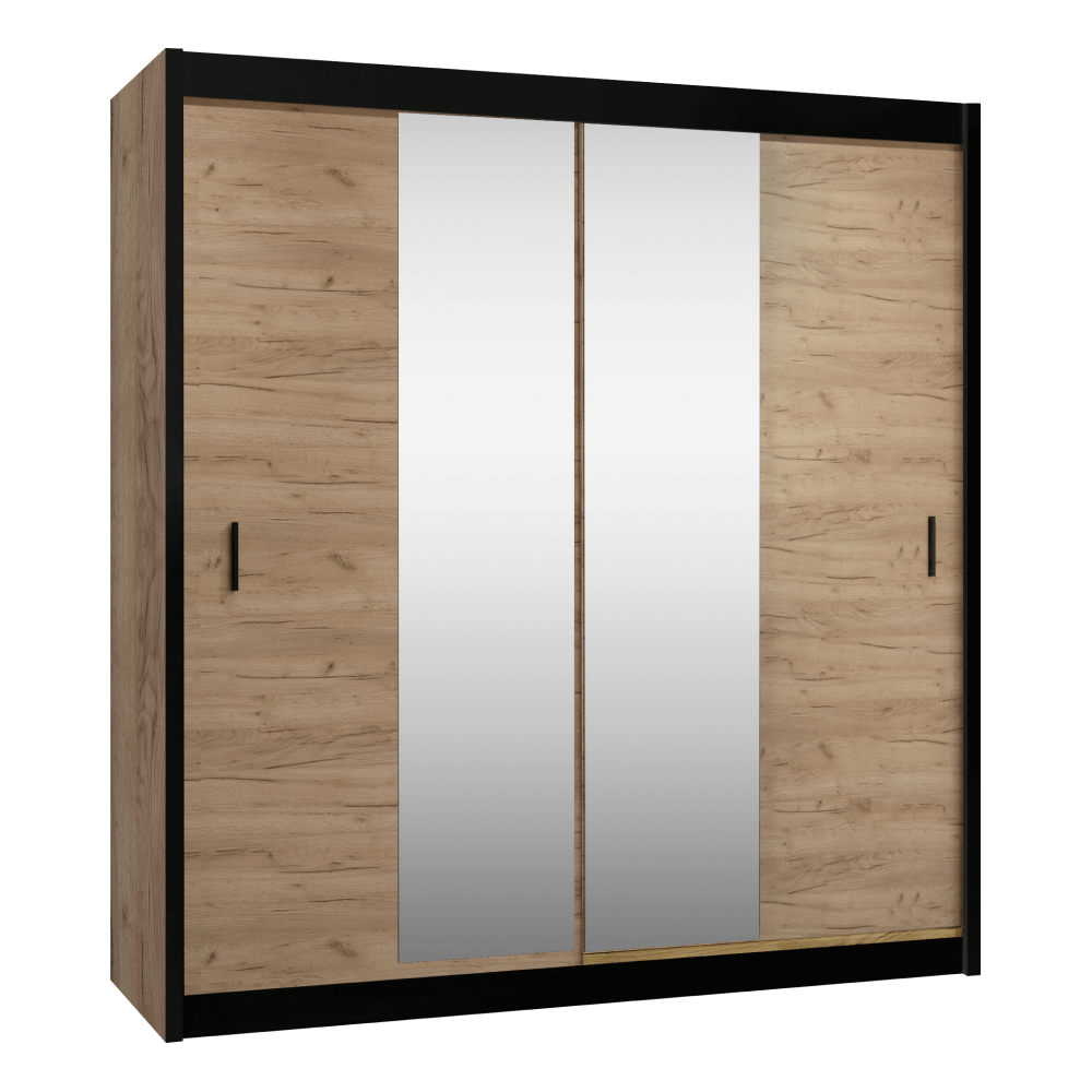 Dulap cu uși glisante CRAFT, negru/stejar craft, cu oglindă, 203x215 cm Kondela