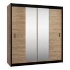 Dulap cu uși glisante CRAFT, negru/stejar craft, cu oglindă, 203x215 cm Kondela