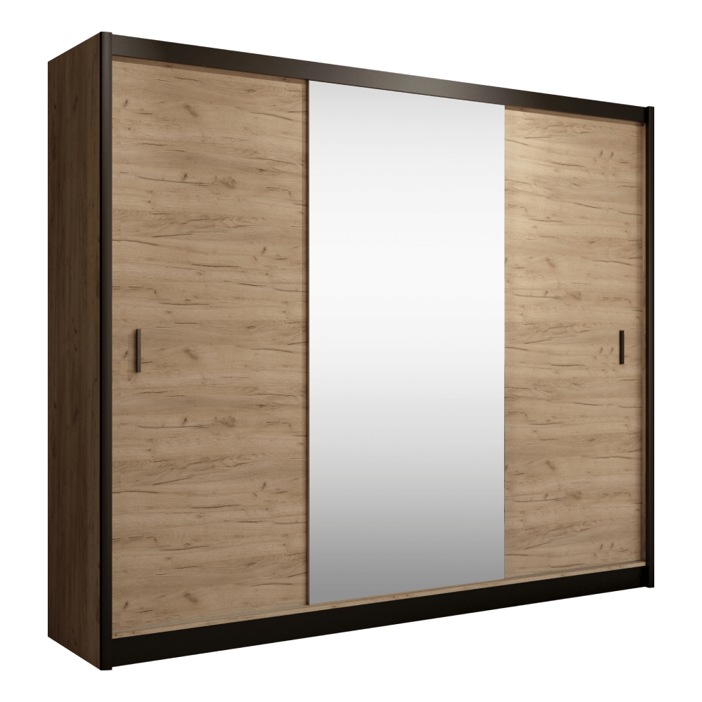 Dulap cu uși glisante CRAFT, negru/stejar craft, cu oglindă, 250x215 cm Kondela