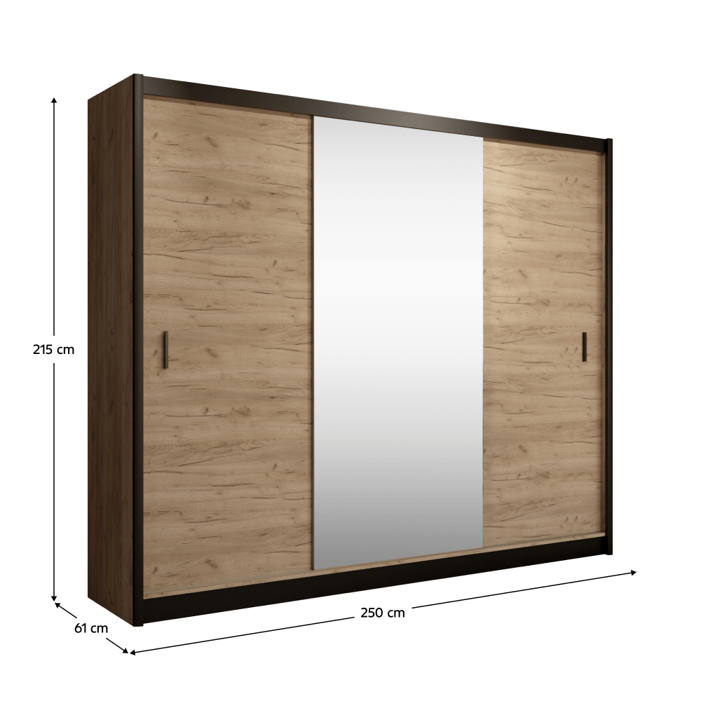 Dulap cu uși glisante CRAFT, negru/stejar craft, cu oglindă, 250x215 cm Kondela