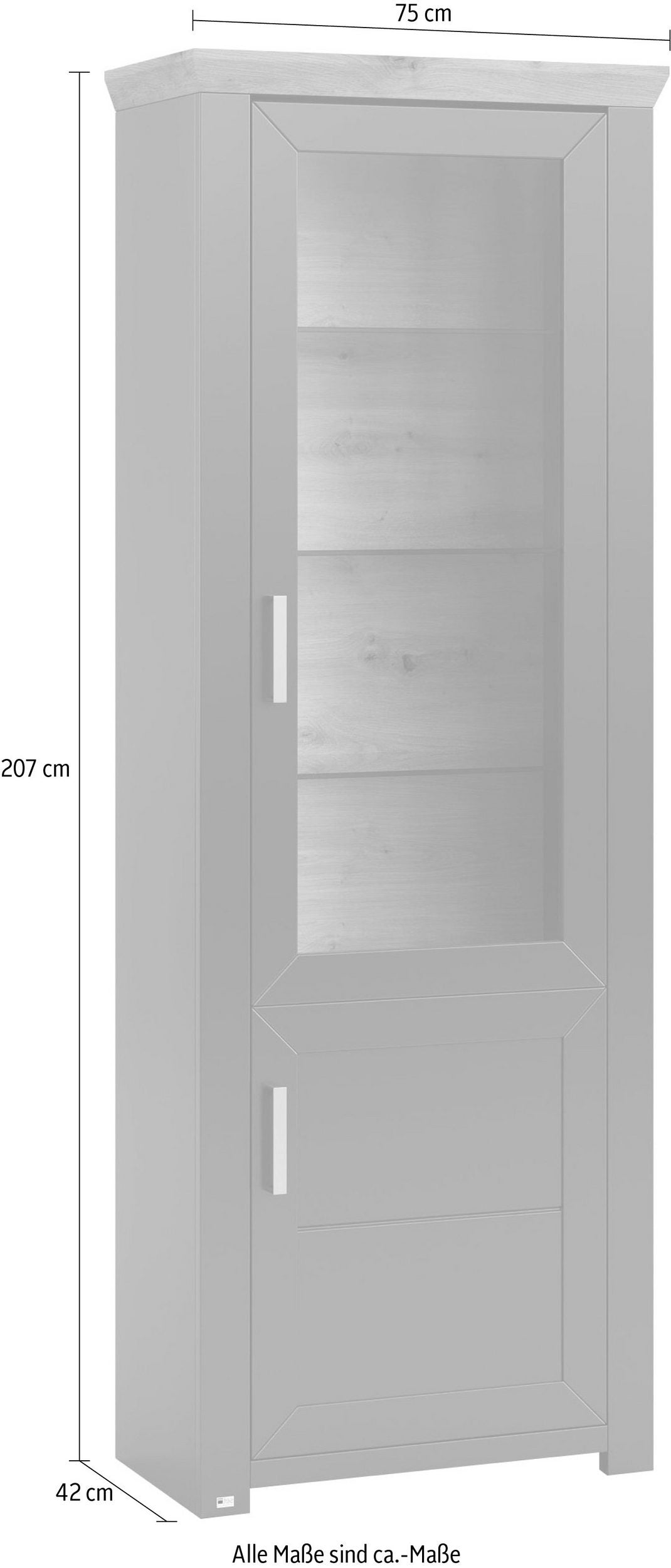 Vitrină York gri antracit / stejar, 207 cm înălțime, cu uși din sticlă și rafturi din sticlă Arboteca