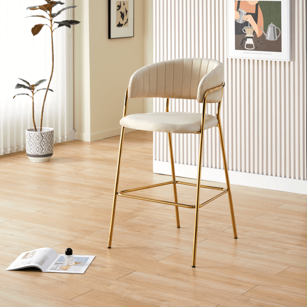 Scaun de bar de design ANAGNI TIP 2, țesătură bej Velvet/gold crom auriu, 55x58x107 cm Kondela