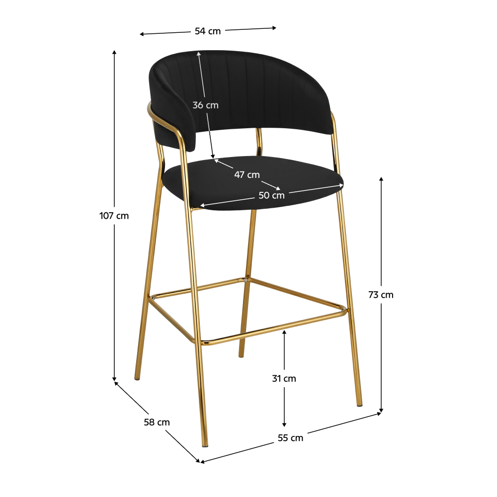 Scaun de bar de design ANAGNI TIP 2, material catifea neagră/gold crom auriu, 55x58x107 cm Kondela
