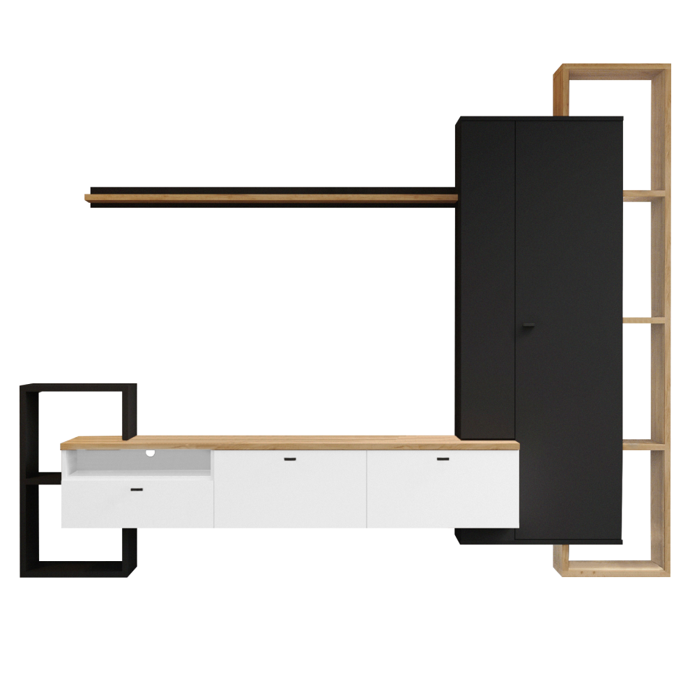 Mobilier de perete living, negru/alb/stejar craft auriu, 240.3x45x189.5 cm Kondela