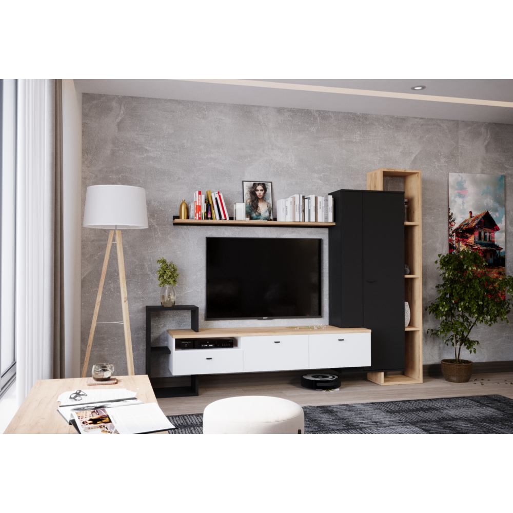 Mobilier de perete living, negru/alb/stejar craft auriu, DENISO Kondela