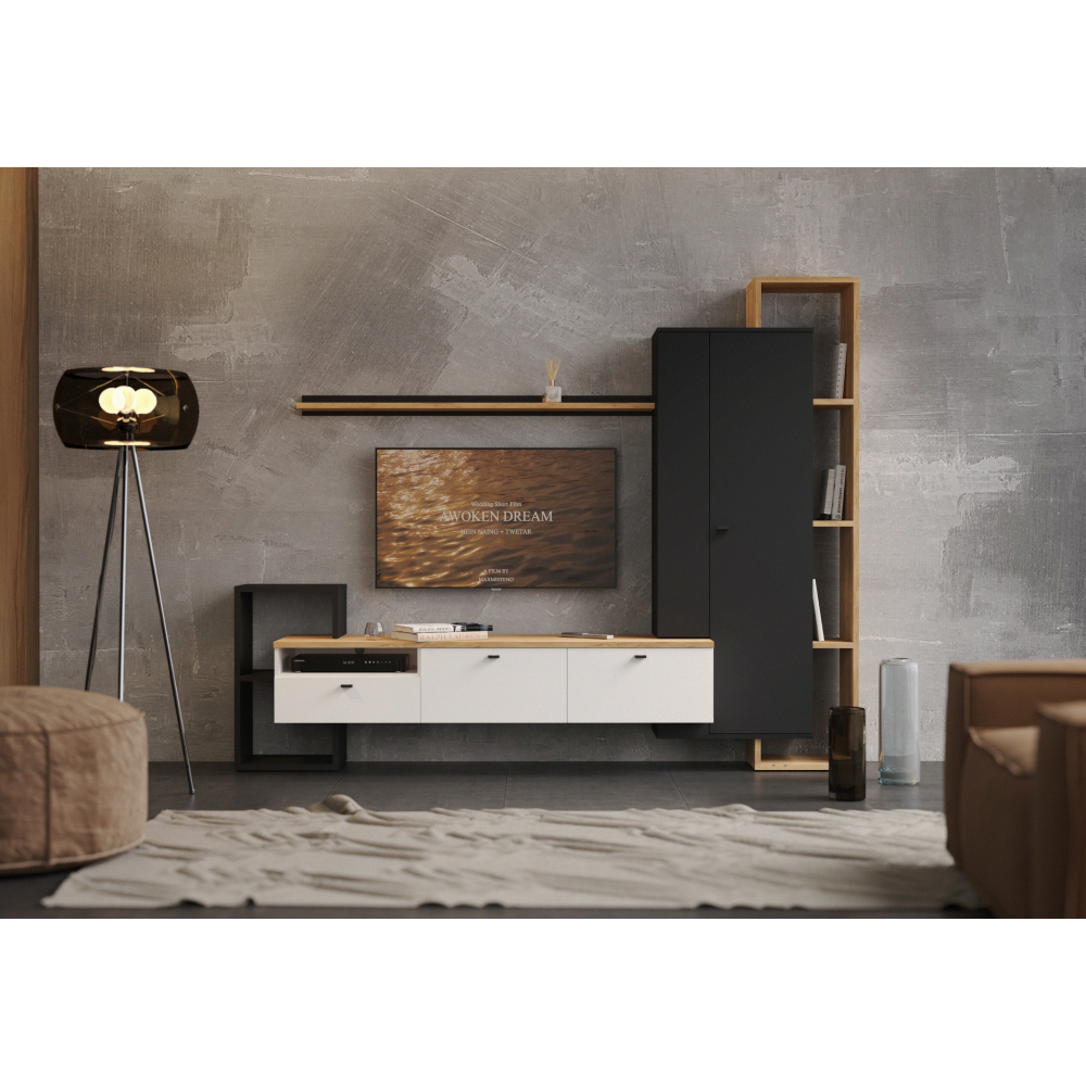Mobilier de perete living, negru/alb/stejar craft auriu, DENISO Kondela