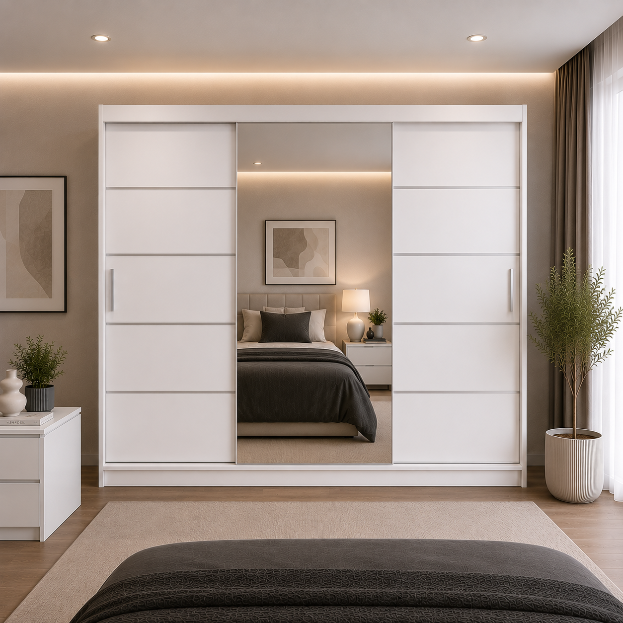 Dressing FIRENZE alb cu uși culisante, cu sau fără oglindă, PAL 18 mm, 240x60x200 cm Cu oglindă Arboteca