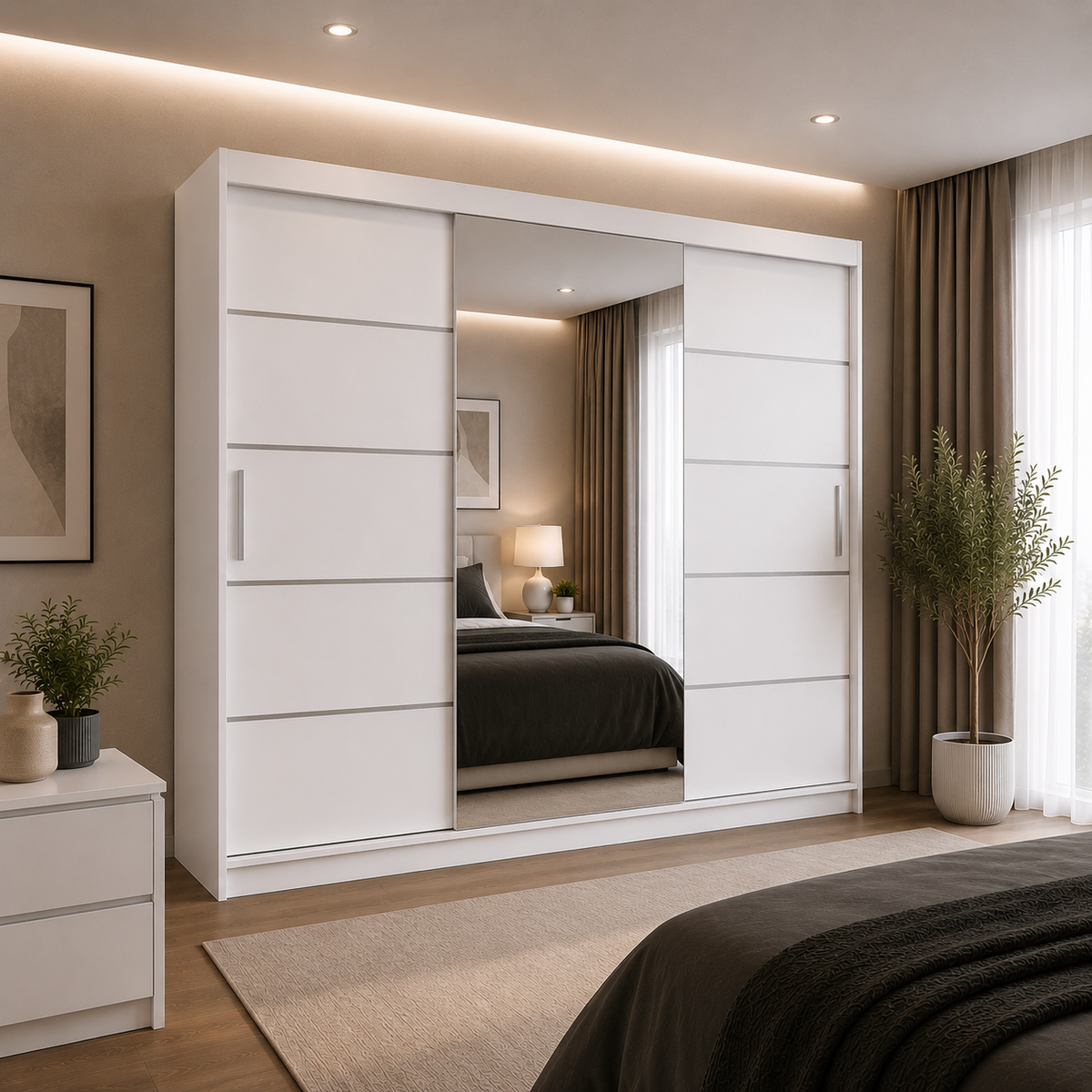 Dressing FIRENZE alb cu uși culisante, cu sau fără oglindă, PAL 18 mm, 240x60x200 cm Arboteca
