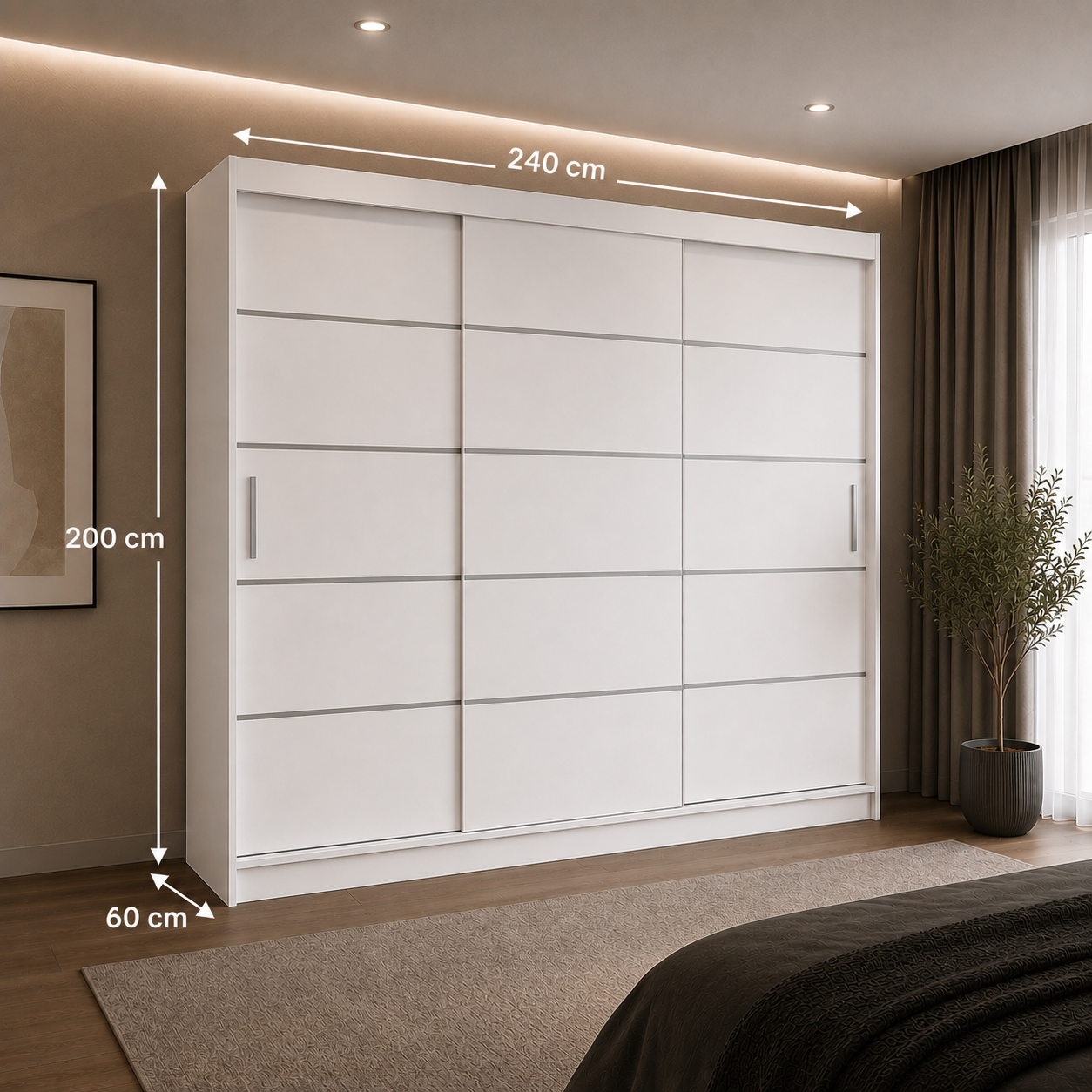 Dressing FIRENZE alb cu uși culisante, cu sau fără oglindă, PAL 18 mm, 240x60x200 cm Arboteca