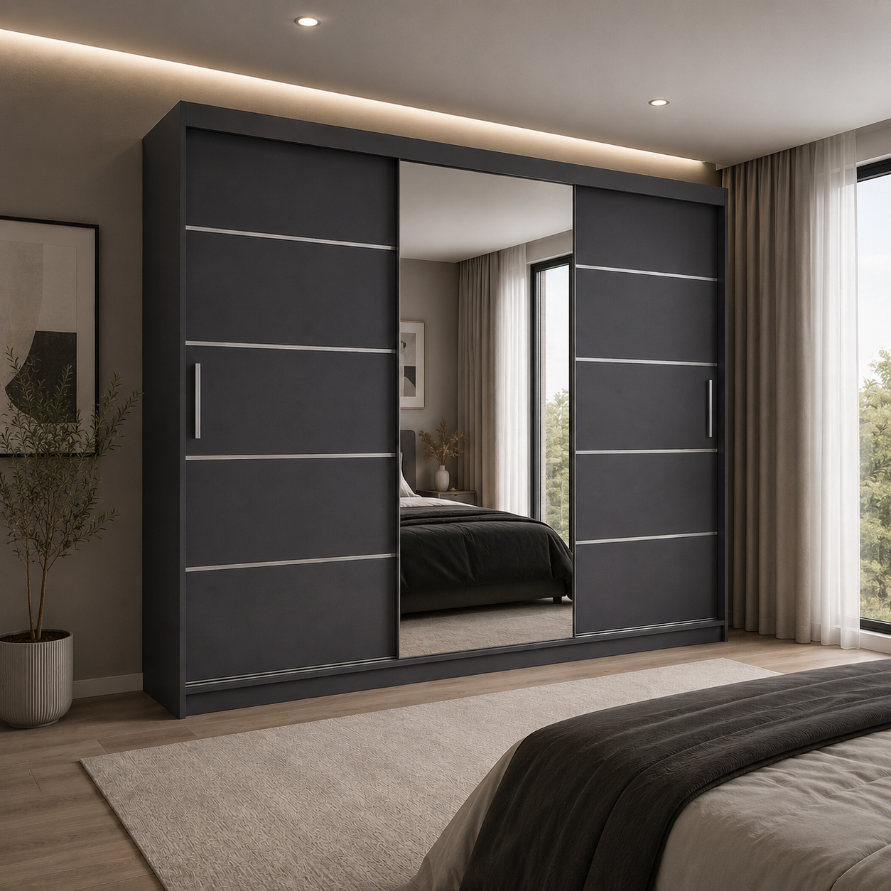 Dressing FIRENZE antracit cu uși culisante, cu sau fără oglindă, PAL 18 mm, 240x60x200 cm Arboteca