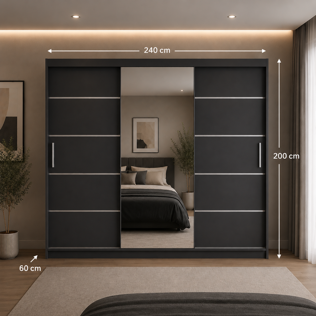 Dressing FIRENZE antracit cu uși culisante, cu sau fără oglindă, PAL 18 mm, 240x60x200 cm Arboteca