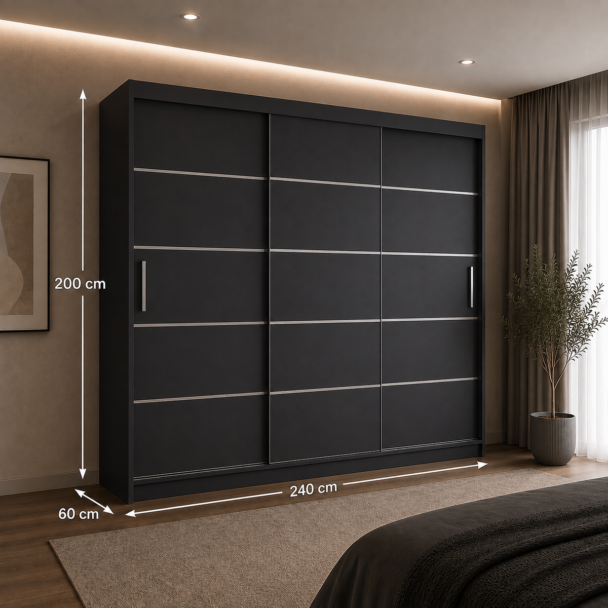 Dressing FIRENZE antracit cu uși culisante, cu sau fără oglindă, PAL 18 mm, 240x60x200 cm Arboteca