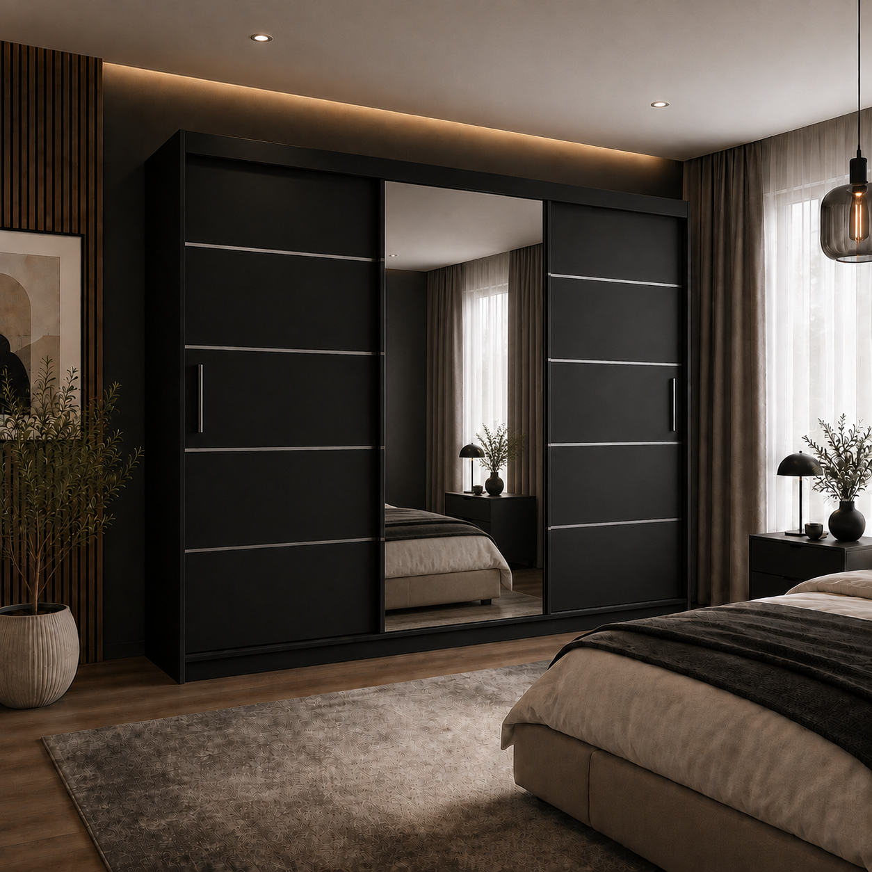 Dressing FIRENZE negru cu uși culisante, cu sau fără oglindă, PAL 18 mm, 240x60x200 cm Cu oglindă Arboteca