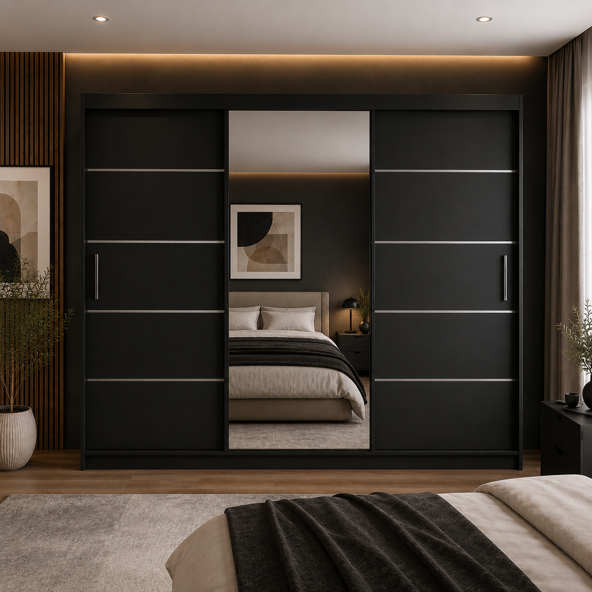 Dressing FIRENZE negru cu uși culisante, cu sau fără oglindă, PAL 18 mm, 240x60x200 cm Arboteca