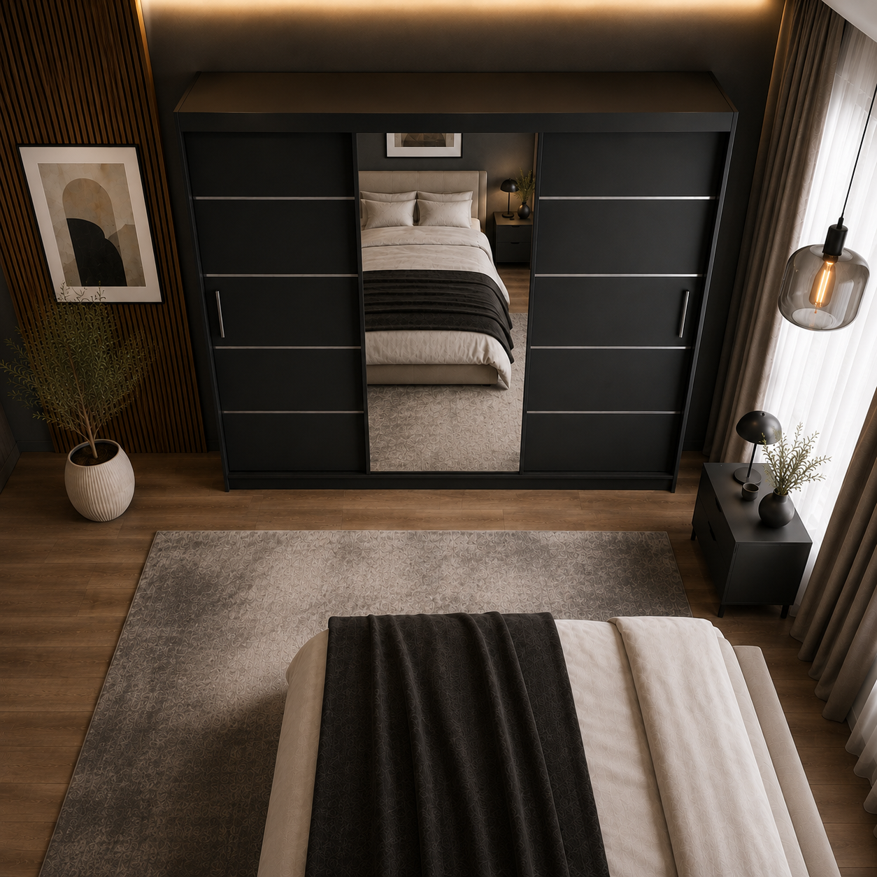 Dressing FIRENZE negru cu uși culisante, cu sau fără oglindă, PAL 18 mm, 240x60x200 cm Arboteca