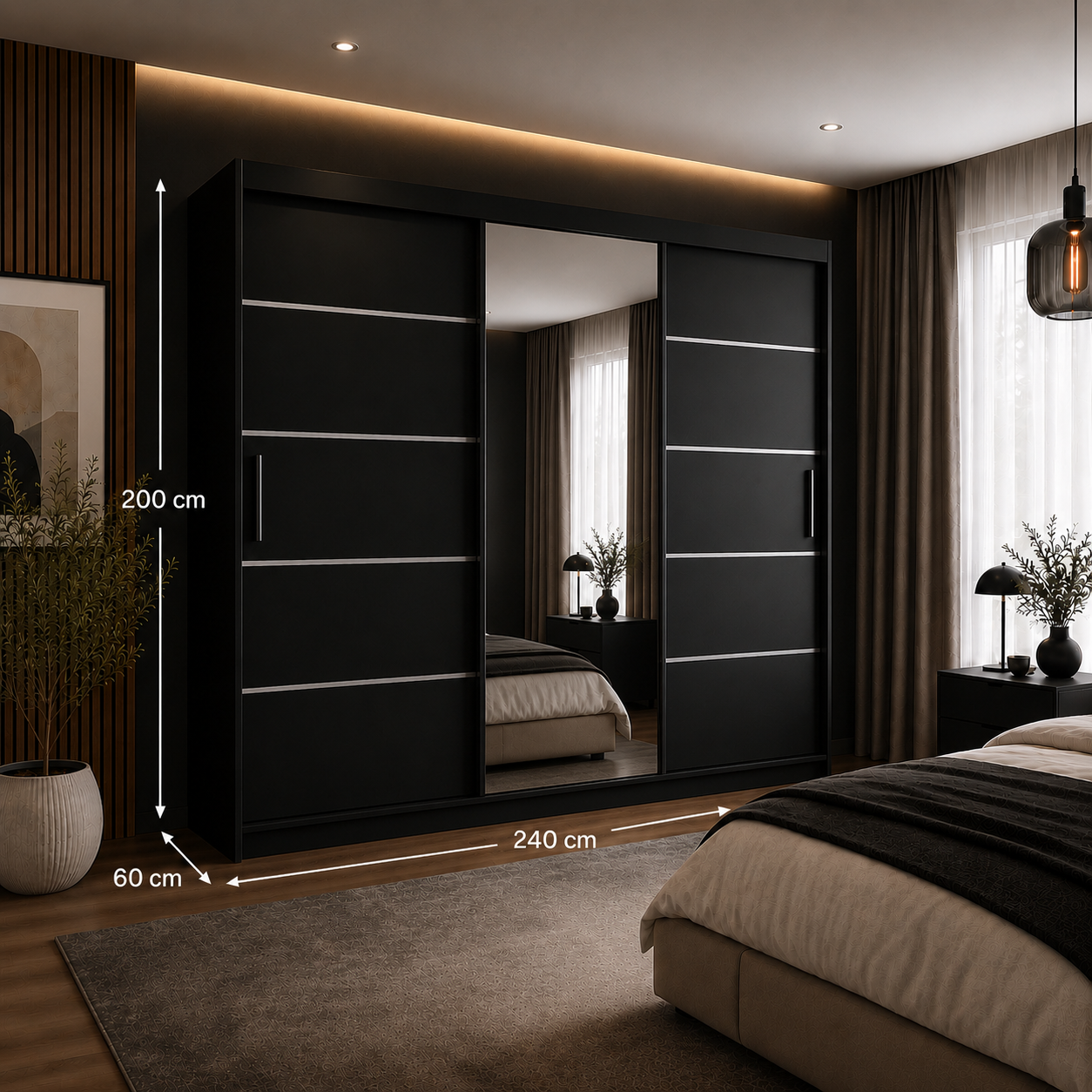 Dressing FIRENZE negru cu uși culisante, cu sau fără oglindă, PAL 18 mm, 240x60x200 cm Arboteca