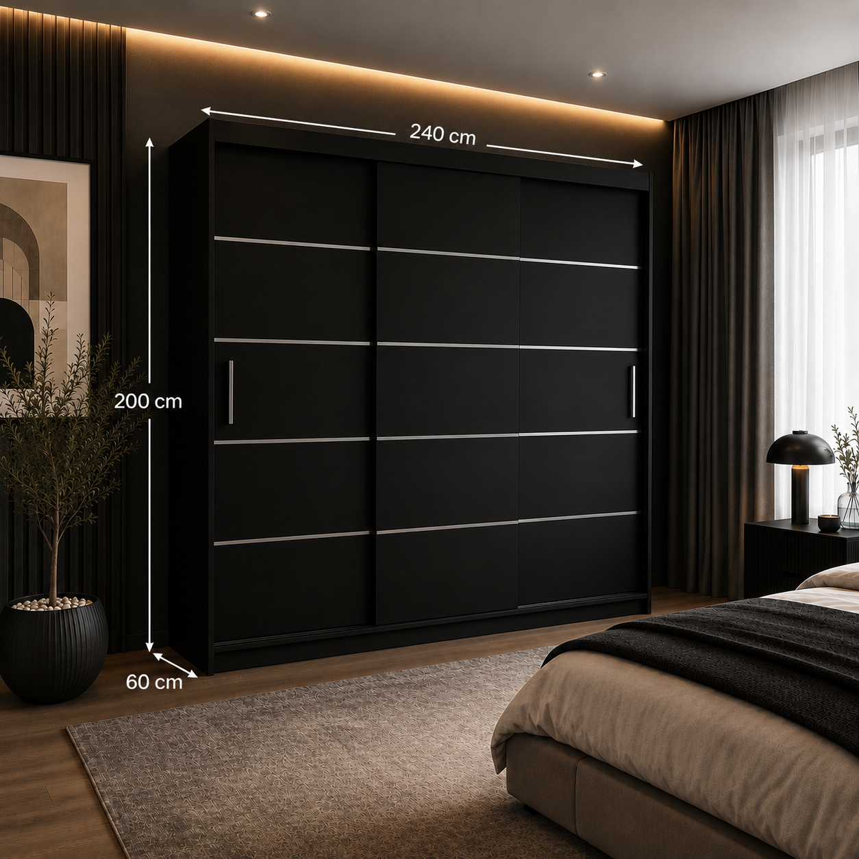 Dressing FIRENZE negru cu uși culisante, cu sau fără oglindă, PAL 18 mm, 240x60x200 cm Arboteca