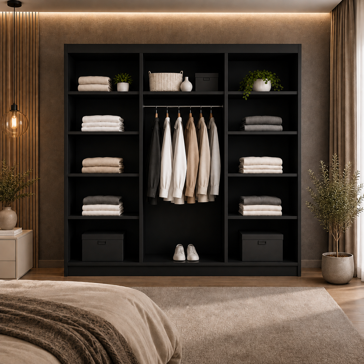Dressing FIRENZE negru cu uși culisante, cu sau fără oglindă, PAL 18 mm, 240x60x200 cm Arboteca