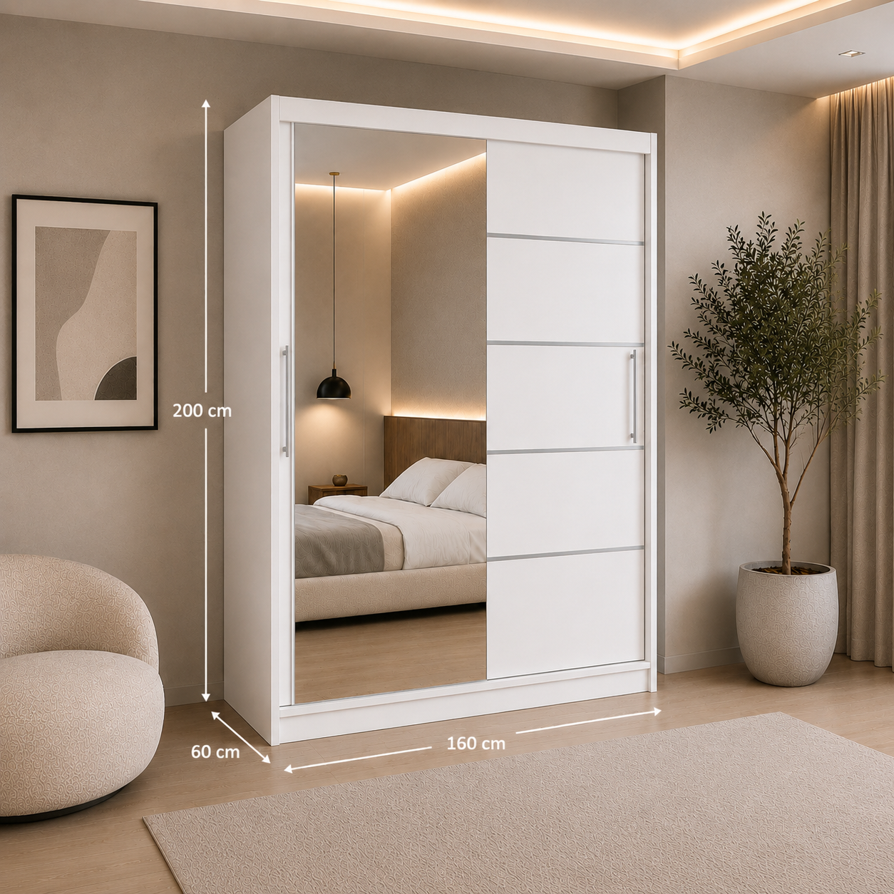 Dressing PRAIANO alb cu 2 uși culisante și oglindă, PAL 18 mm, 160x60x200 cm Arboteca