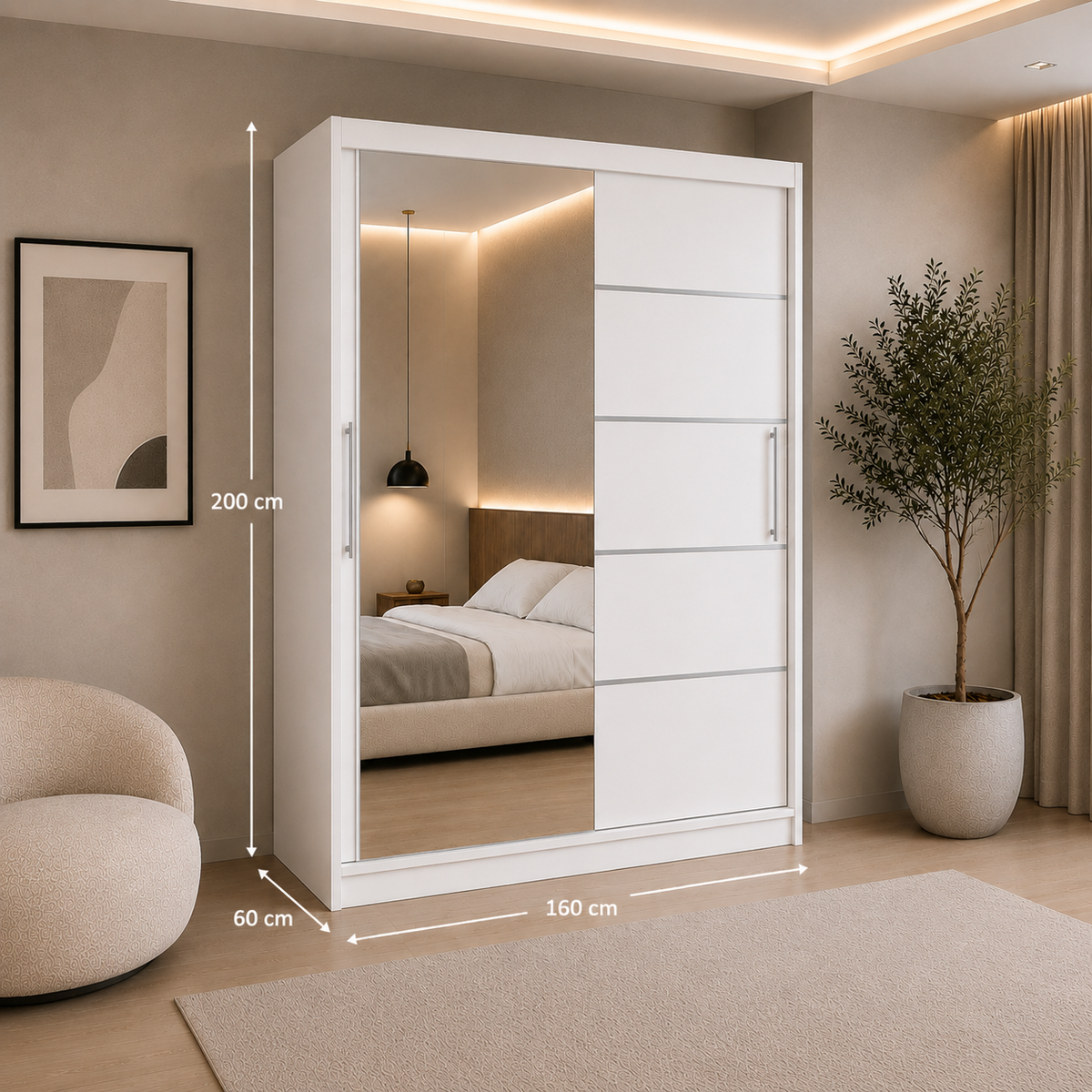 Dressing PRAIANO alb cu 2 uși culisante și oglindă, PAL 18 mm, 160x60x200 cm Arboteca