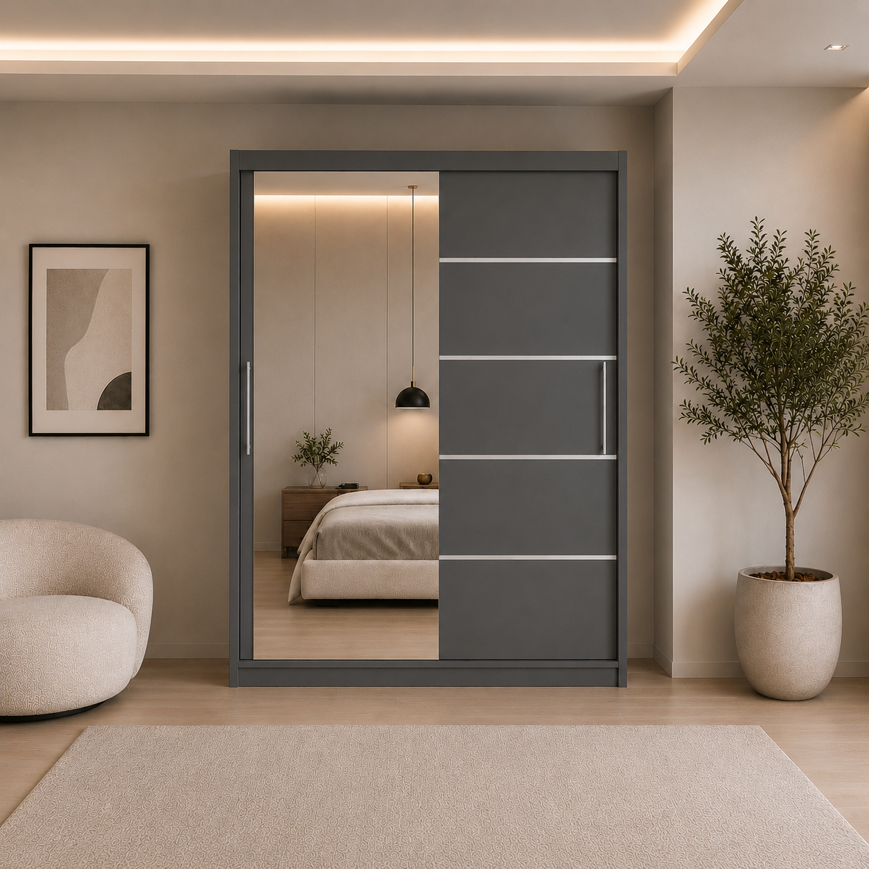 Dressing PRAIANO antracit cu 2 uși culisante și oglindă, PAL 18 mm, 160x60x200 cm Arboteca