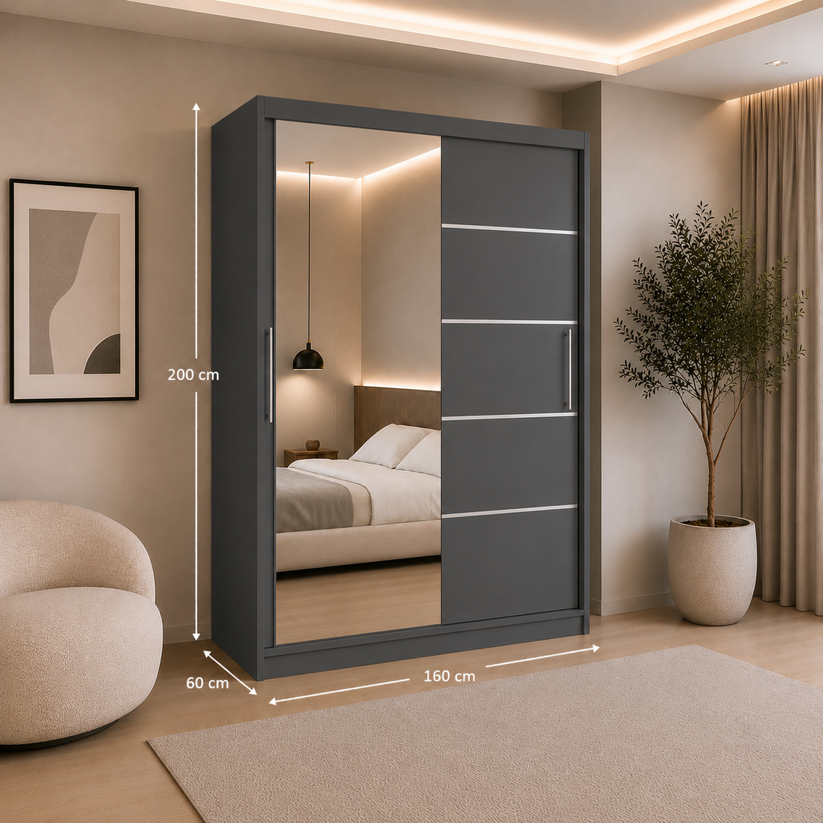 Dressing PRAIANO antracit cu 2 uși culisante și oglindă, PAL 18 mm, 160x60x200 cm Arboteca