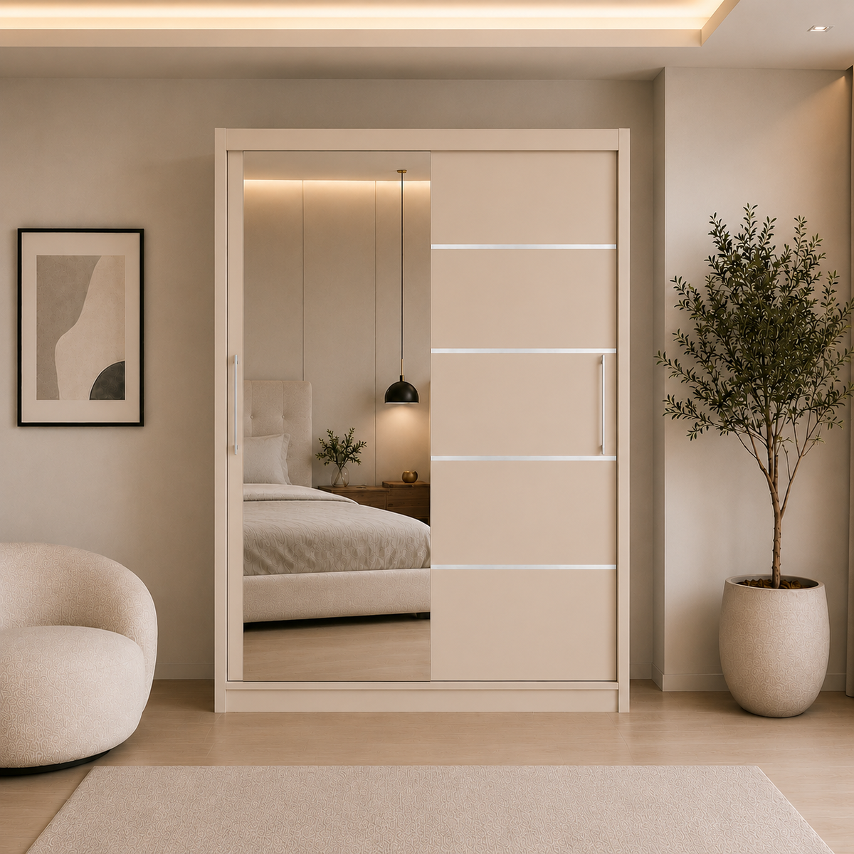 Dressing PRAIANO cașmir cu 2 uși culisante și oglindă, PAL 18 mm, 160x60x200 cm Arboteca