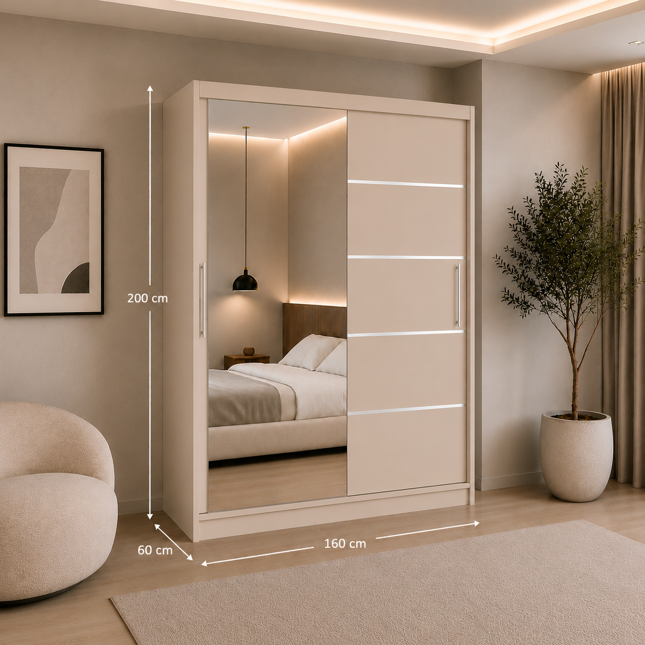 Dressing PRAIANO cașmir cu 2 uși culisante și oglindă, PAL 18 mm, 160x60x200 cm Arboteca