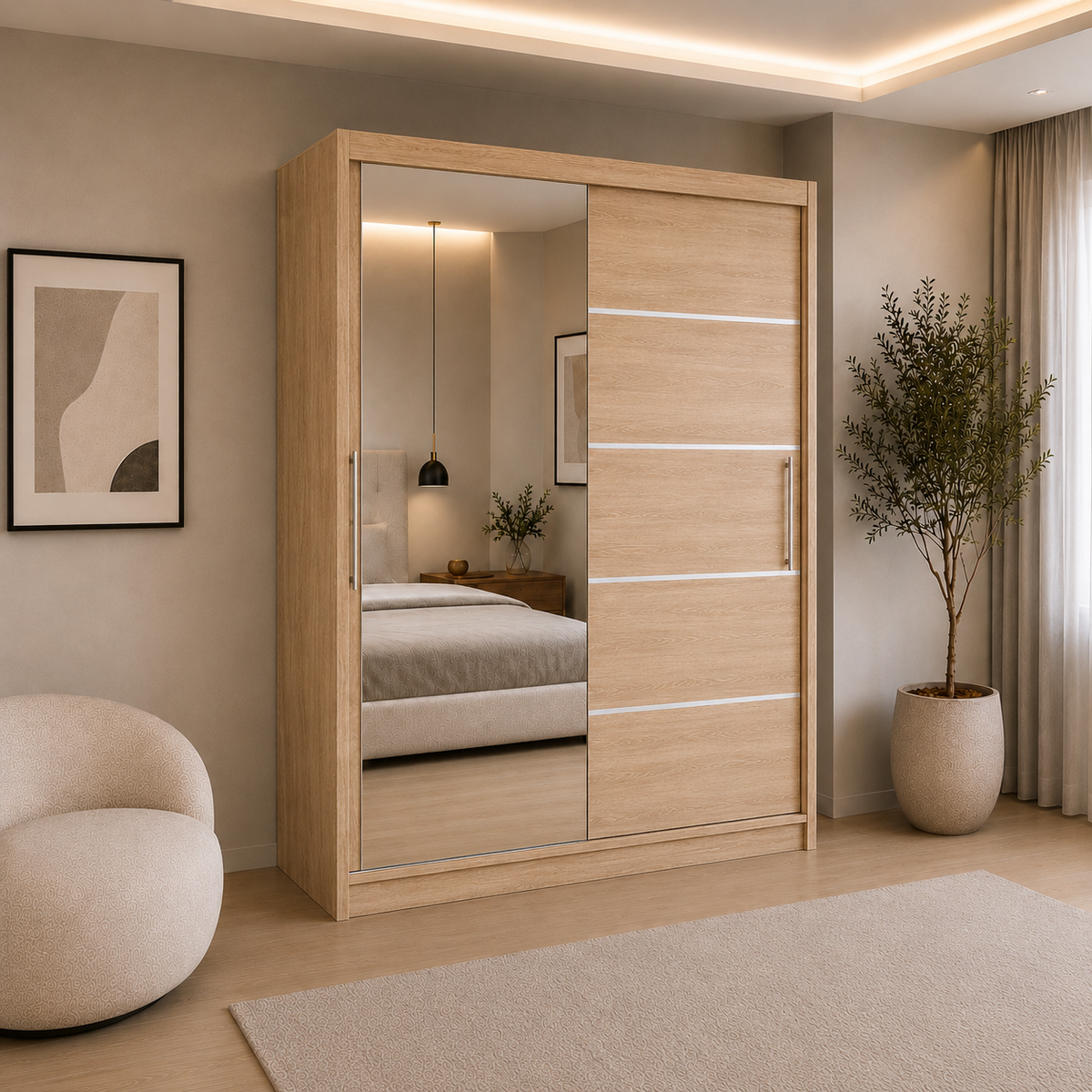 Dressing PRAIANO sonoma cu 2 uși culisante și oglindă, PAL 18 mm, 160x60x200 cm Arboteca
