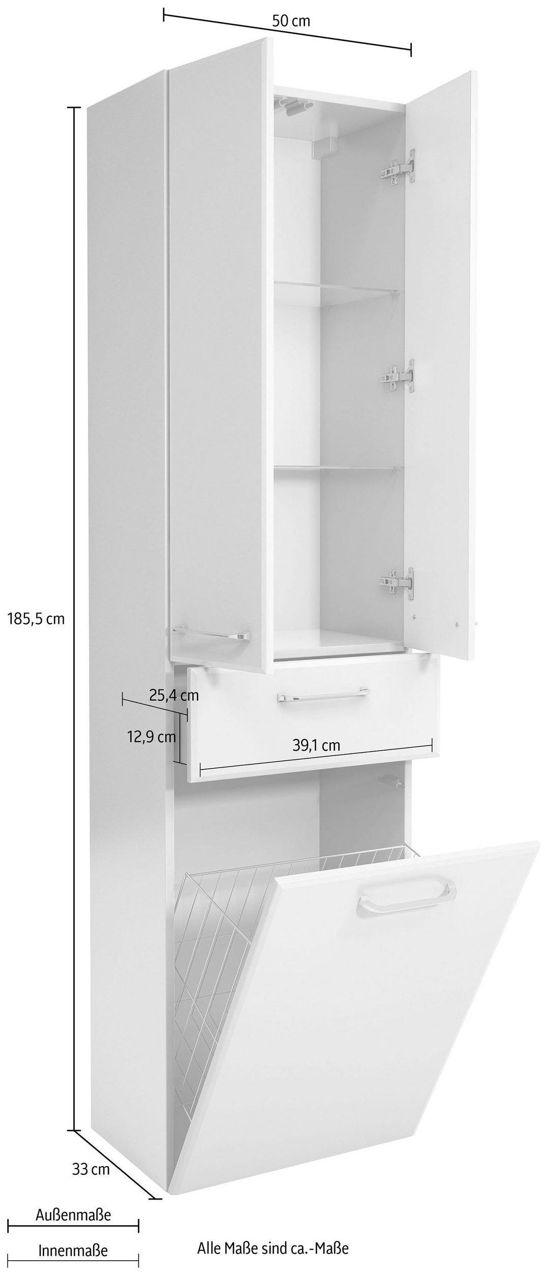 Dulap de baie Quickset , cos pentru rufe integrat , Alb lucios , 50 cm latime Arboteca