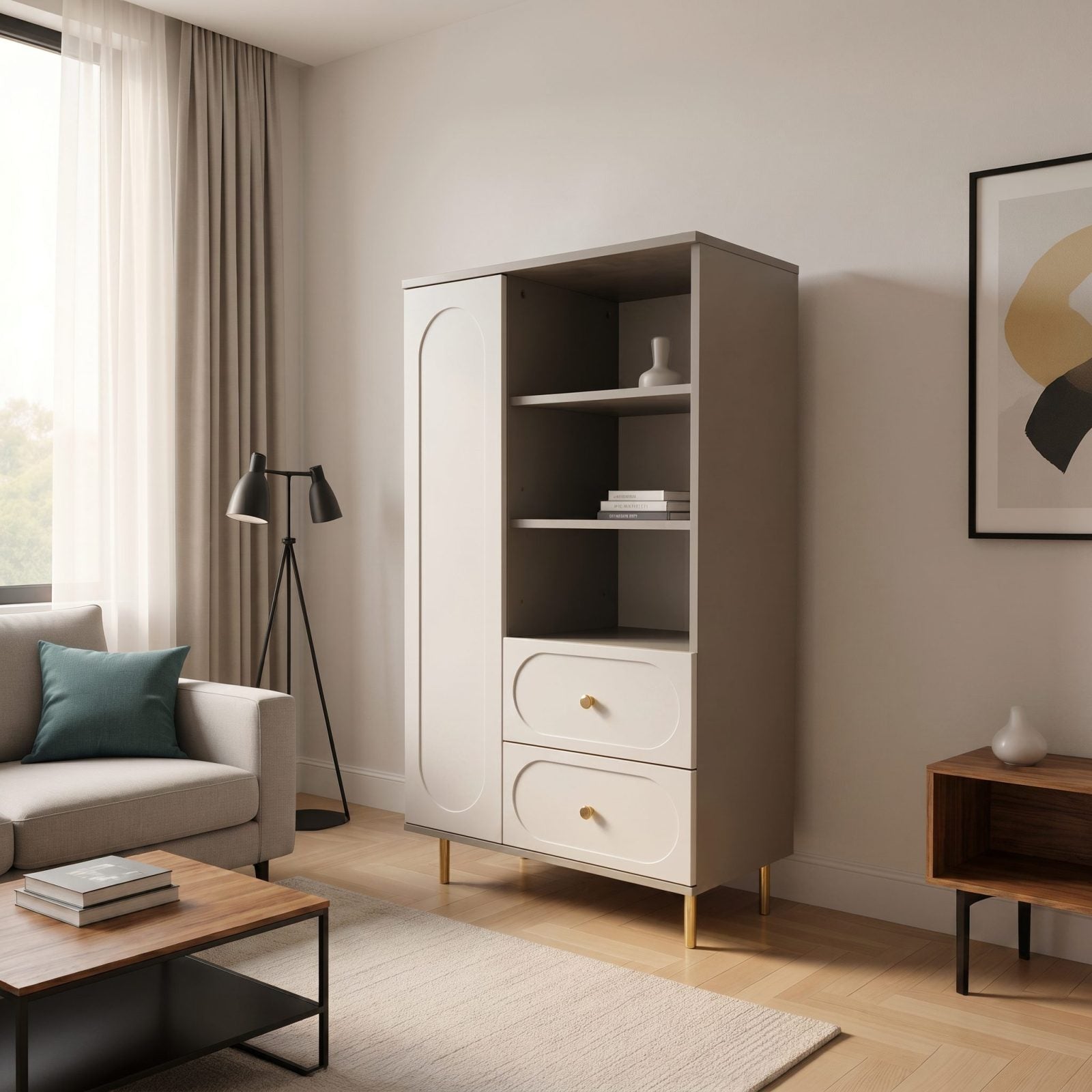Dulap living CORTONA cu 1 ușă, 2 sertare și polițe deschise, MDF frezat oval, cașmir-bazalt, 80x40x150 cm Default Title Arboteca