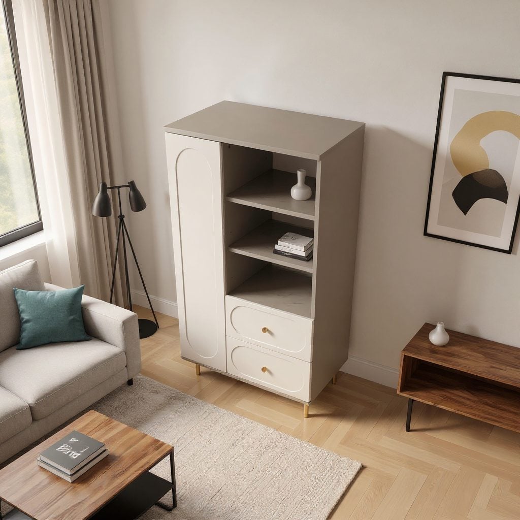 Dulap living CORTONA cu 1 ușă, 2 sertare și polițe deschise, MDF frezat oval, cașmir-bazalt, 80x40x150 cm Arboteca