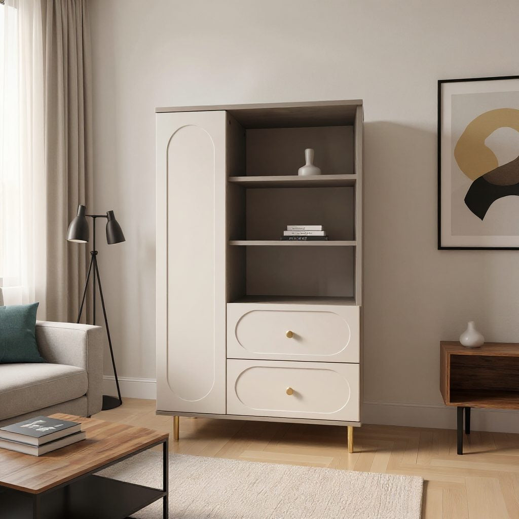 Dulap living CORTONA cu 1 ușă, 2 sertare și polițe deschise, MDF frezat oval, cașmir-bazalt, 80x40x150 cm Arboteca