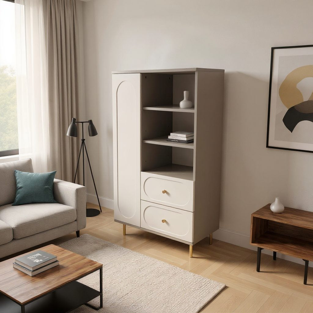 Dulap living CORTONA cu 1 ușă, 2 sertare și polițe deschise, MDF frezat oval, cașmir-bazalt, 80x40x150 cm Arboteca