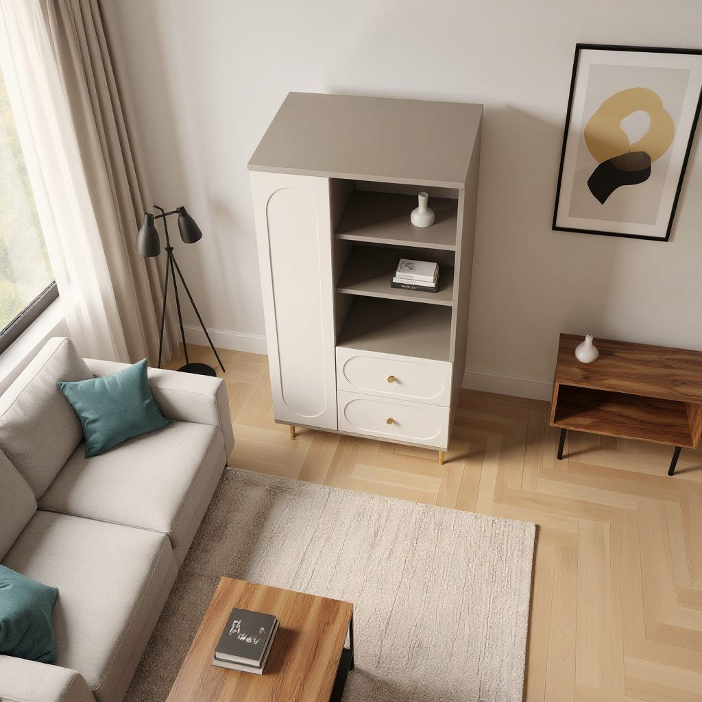 Dulap living CORTONA cu 1 ușă, 2 sertare și polițe deschise, MDF frezat oval, cașmir-bazalt, 80x40x150 cm Arboteca
