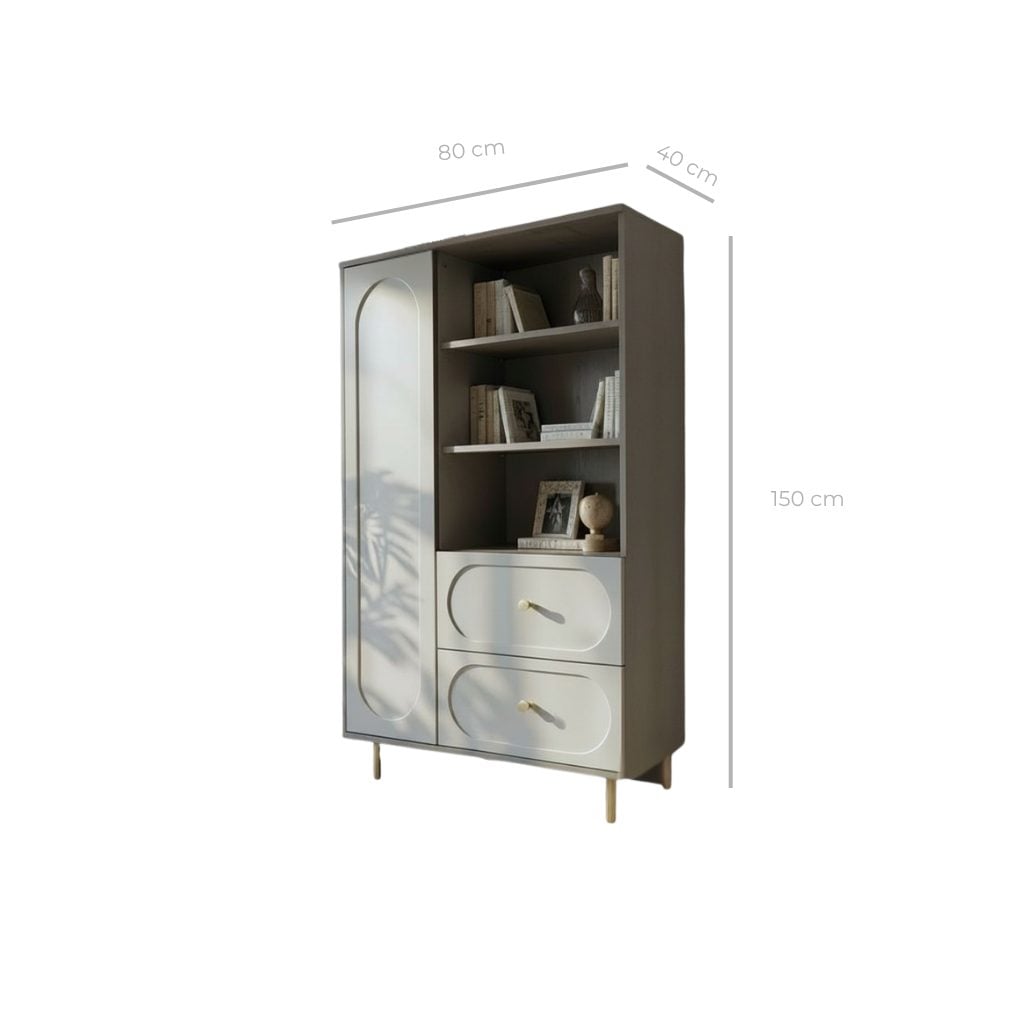 Dulap living CORTONA cu 1 ușă, 2 sertare și polițe deschise, MDF frezat oval, cașmir-bazalt, 80x40x150 cm Arboteca
