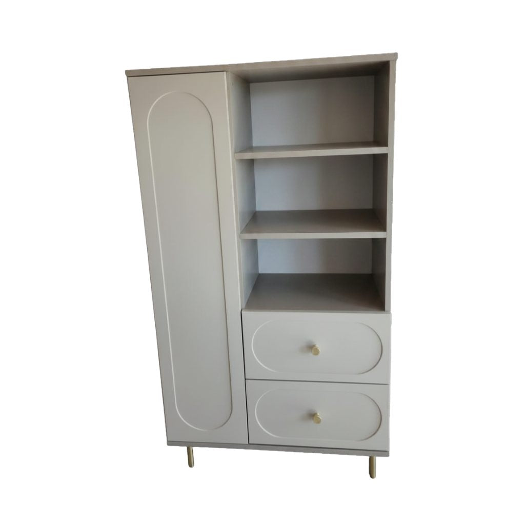 Dulap living CORTONA cu 1 ușă, 2 sertare și polițe deschise, MDF frezat oval, cașmir-bazalt, 80x40x150 cm Arboteca