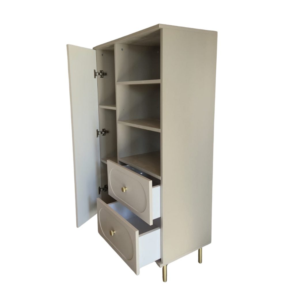 Dulap living CORTONA cu 1 ușă, 2 sertare și polițe deschise, MDF frezat oval, cașmir-bazalt, 80x40x150 cm Arboteca