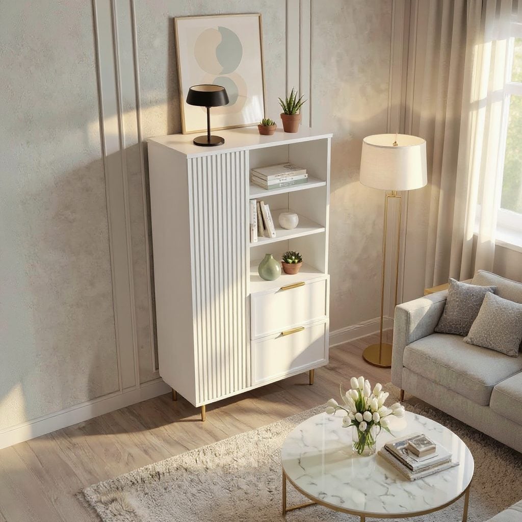 Dulap PORTOFINO alb cu ușă, poliță deschisă și 2 sertare, MDF frezat vopsit, 80x40x150 cm Arboteca