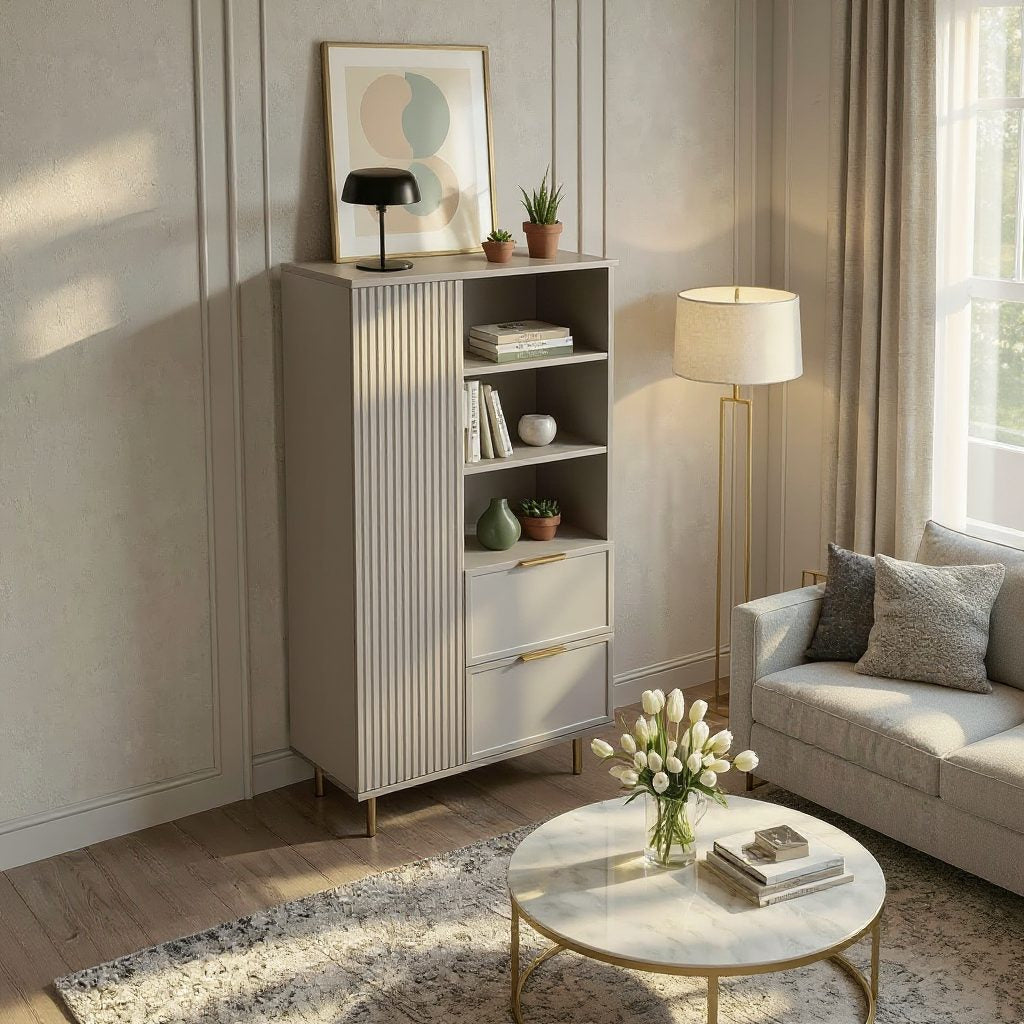 Dulap PORTOFINO casmir bazalt cu ușă, poliță deschisă și sertar, MDF frezat vopsit, 80x40x150 cm Arboteca