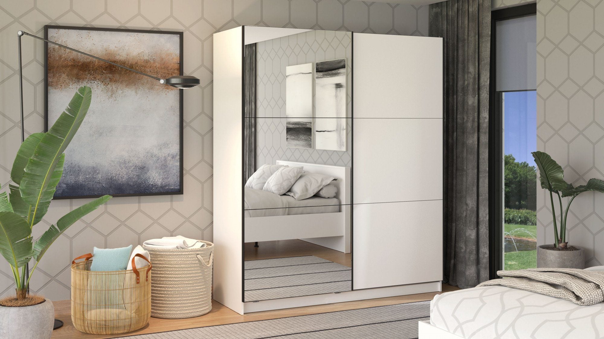 Dulap cu usi glisante Sierra ,Alb , Oglinzi , 179 cm latime Arboteca