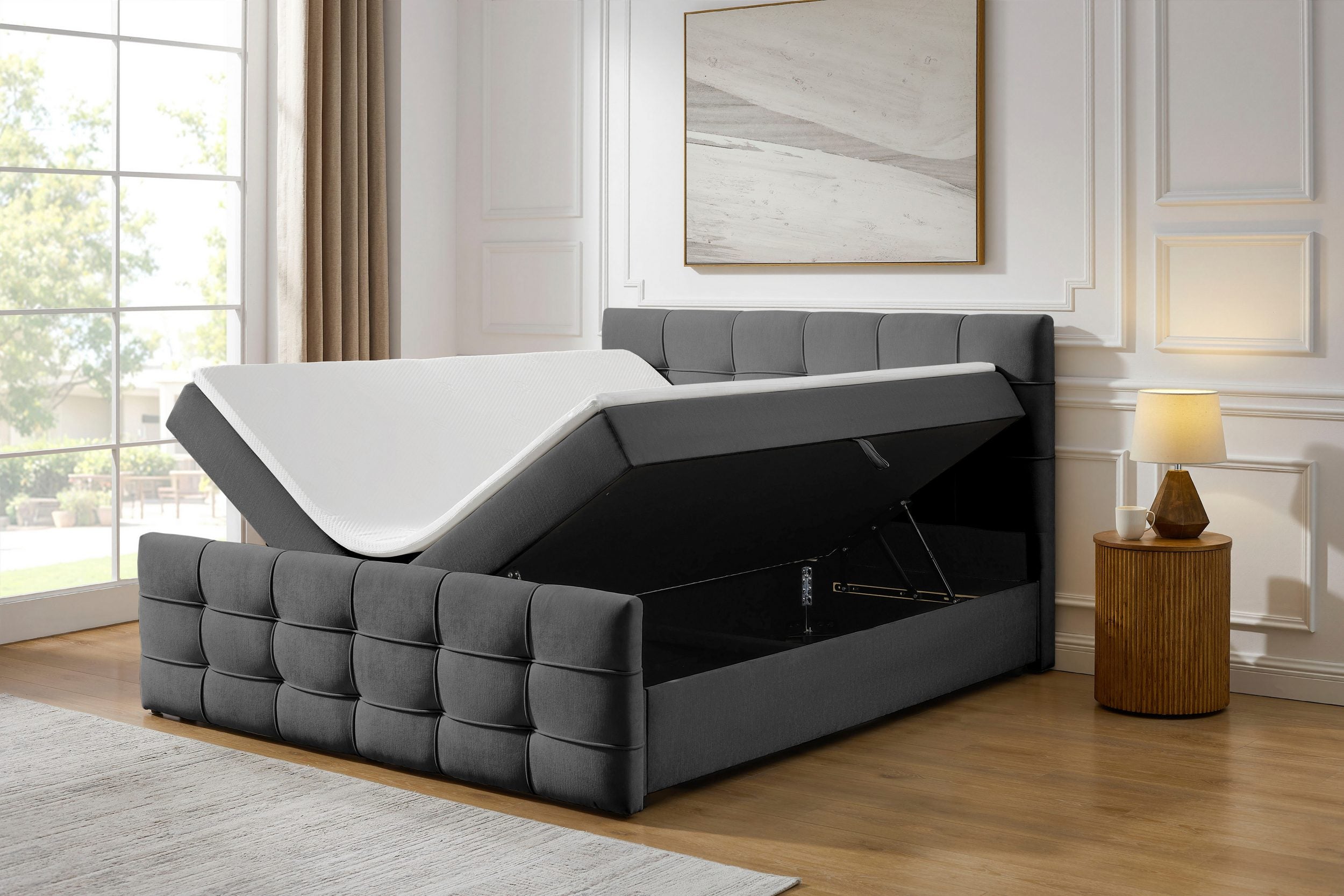 Pat boxspring Lilienne, 180×200 cm, ladă depozitare, saltea H3 + topper Arboteca