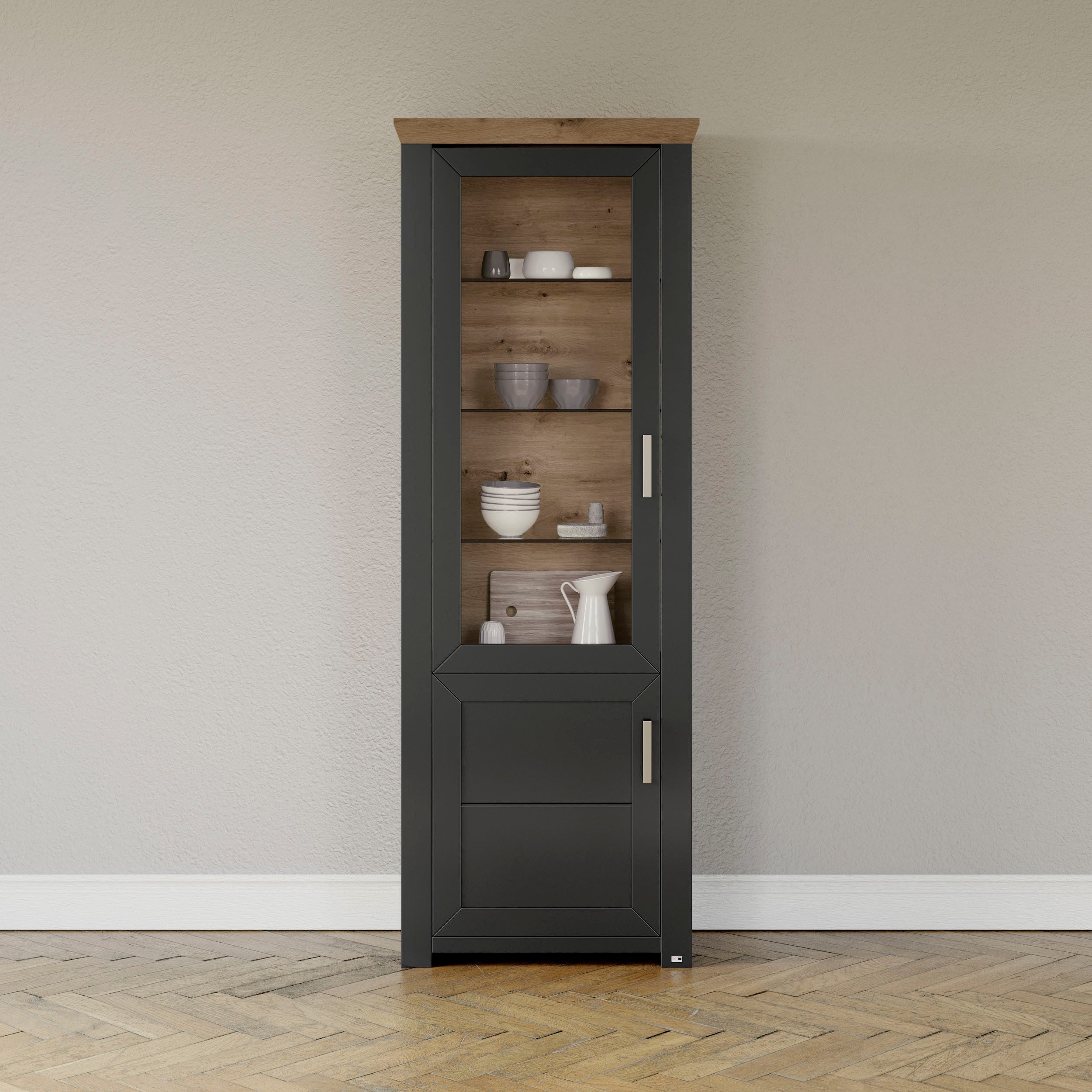 Vitrină York gri antracit / stejar, 207 cm înălțime, cu uși din sticlă și rafturi din sticlă Arboteca