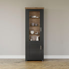 Vitrină York gri antracit / stejar, 207 cm înălțime, cu uși din sticlă și rafturi din sticlă Arboteca