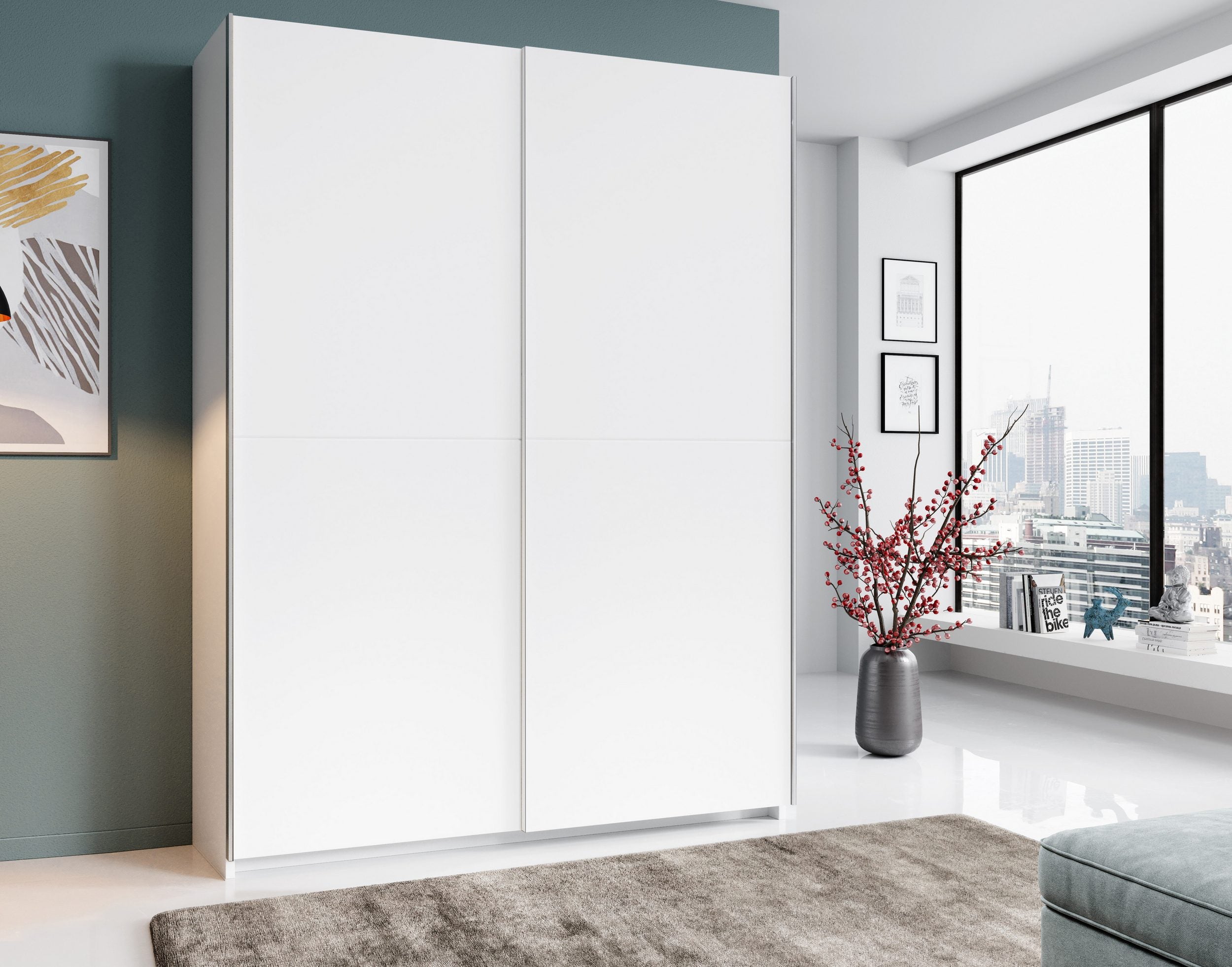 Dulap cu usi glisante Heimo , Alb , 150 cm latime , 38 cm adancime Arboteca