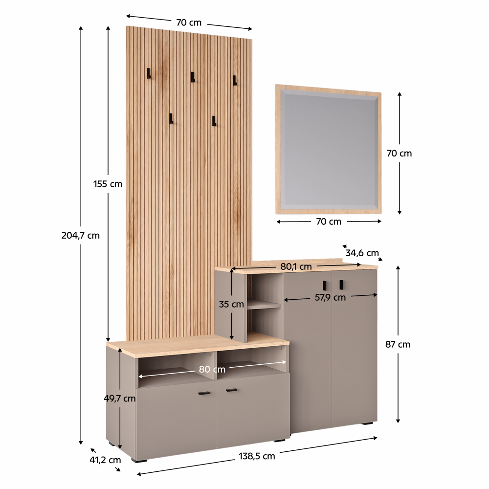 Set de hol, toffee/natural canella strata/cremona torro stejar, 138.5x41.2x204.7 cm Kondela
