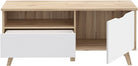Comodă TV Vankka scandinavă, alb/lemn, 124×54×41 cm, picioare lemn masiv Arboteca
