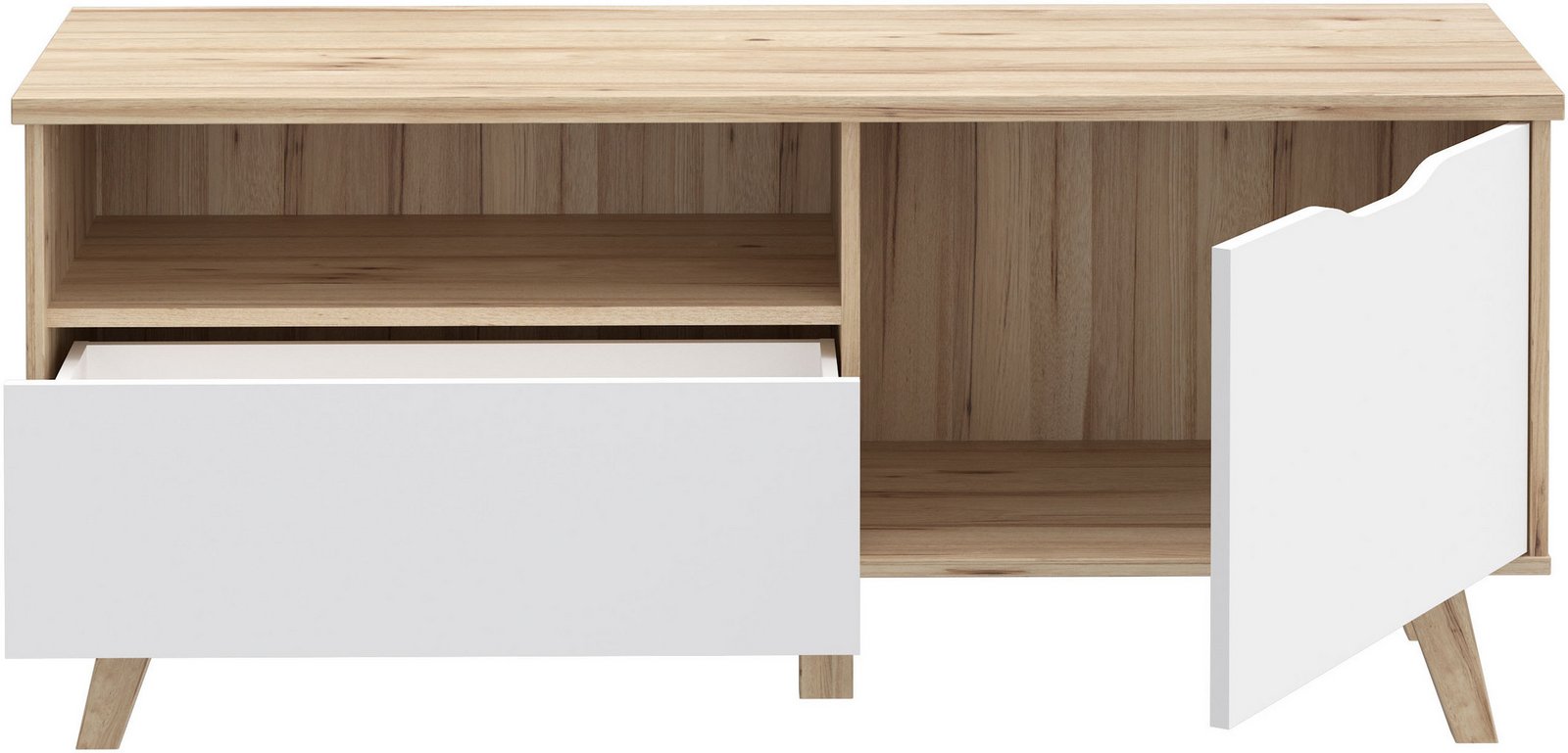 Comodă TV Vankka scandinavă, alb/lemn, 124×54×41 cm, picioare lemn masiv Arboteca