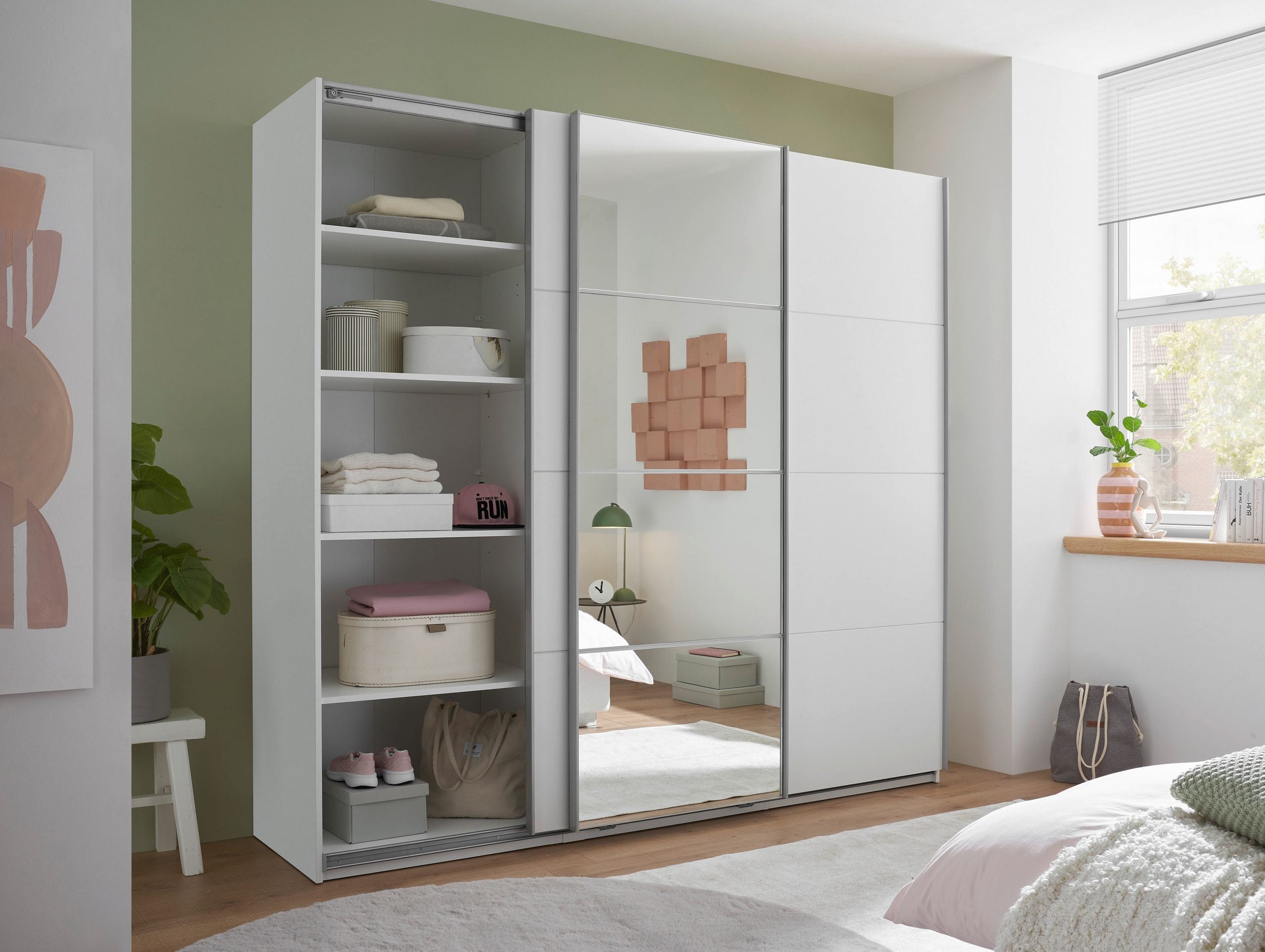 Dulap cu uși glisante și oglindă Carano, alb, 215×204 cm Arboteca