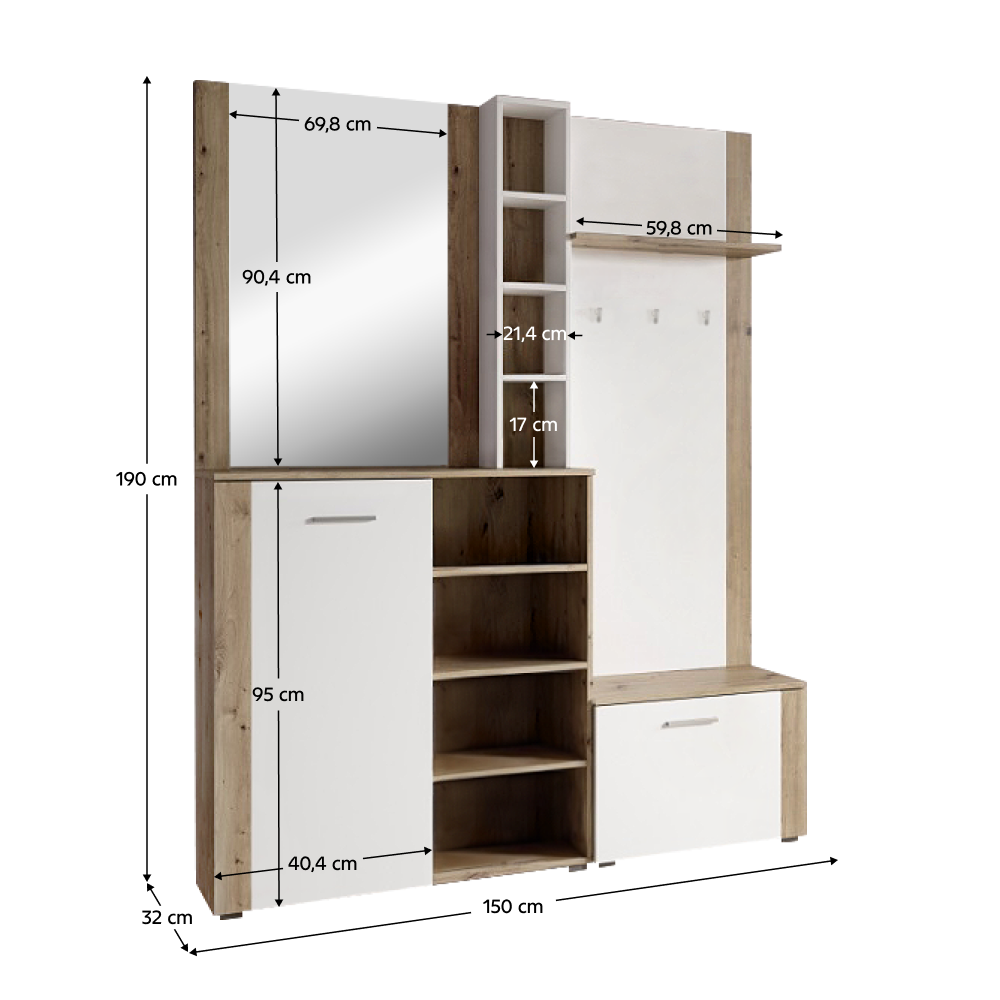 Set pentru anticameră CORTINA, alb/stejar artisan, 150x32x190 cm Kondela